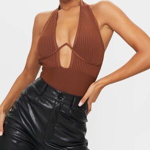 PrettyLittleThing NWT! Chocolate Bandage Rib V-Wire Halterneck Bodysuit